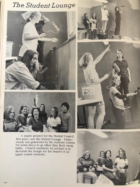 Picture from an old school magazine from 1974 of students making the very first senior lounge 